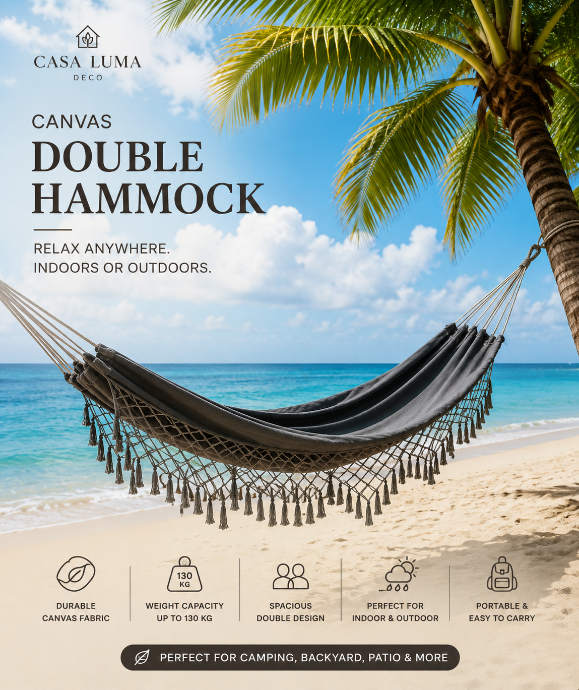 Canvas Double Hammock for Outdoor & Indoor Use | Heavy Duty Camping & Backyard Hammock