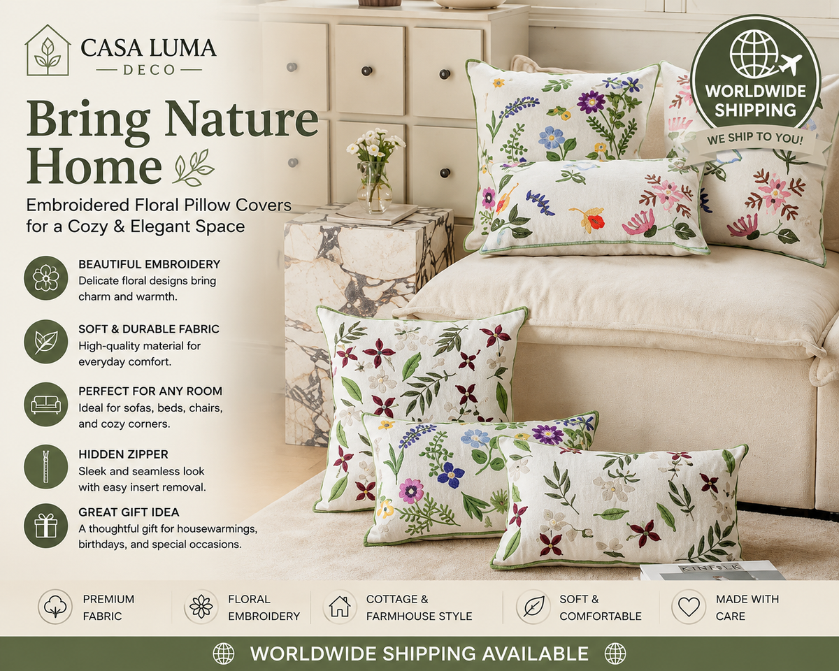 Botanical Embroidered Throw Pillow Cover | Floral Cottage & Farmhouse Cushion | Worldwide Shipping