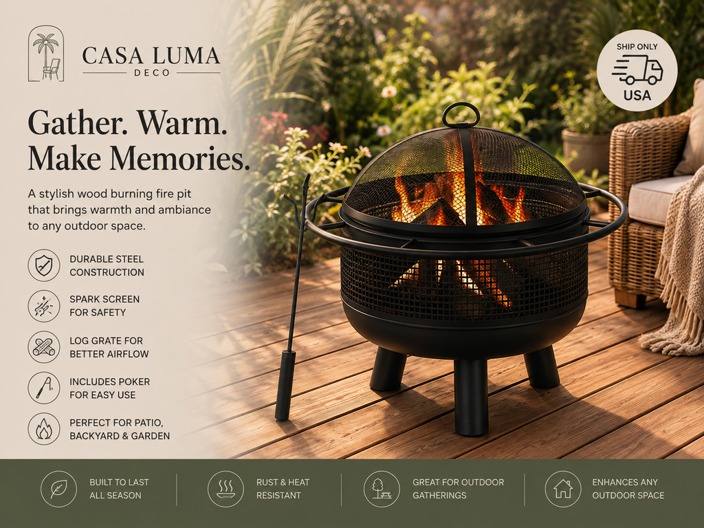 24 Inch Outdoor Fire Pit Bowl with Spark Screen & Log Grate | Wood Burning Patio Fire Pit