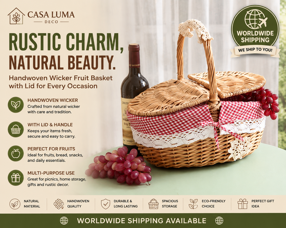 Handwoven Wicker Fruit Basket with Lid | Rustic Storage Basket | Picnic & Home Organizer