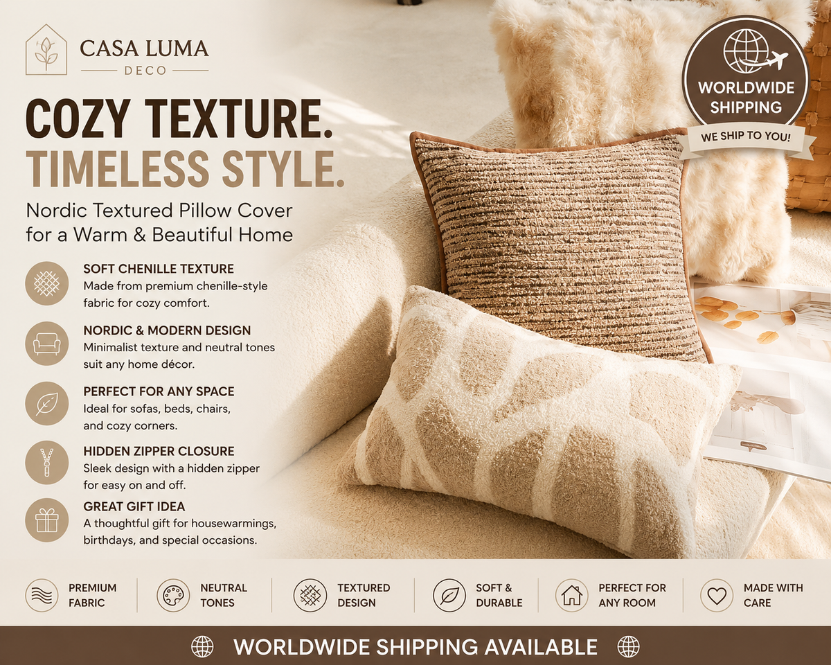 Nordic Textured Chenille Pillow Cover | Soft Neutral Decorative Cushion Cover for Sofa, Bed & Living Room | Worldwide Shipping