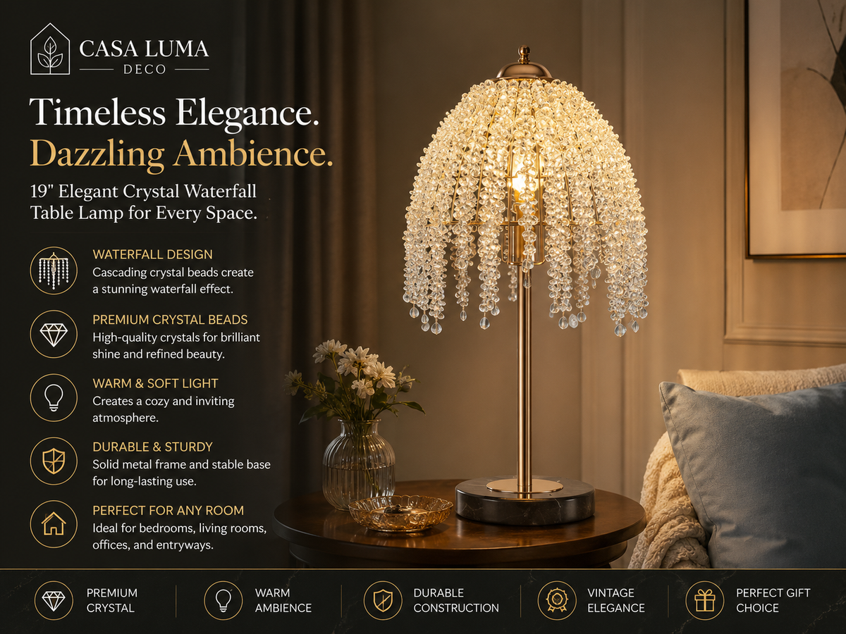 19” Elegant Crystal Table Lamp | Vintage Waterfall Beaded Bedside Lamp for Bedroom & Living Room
