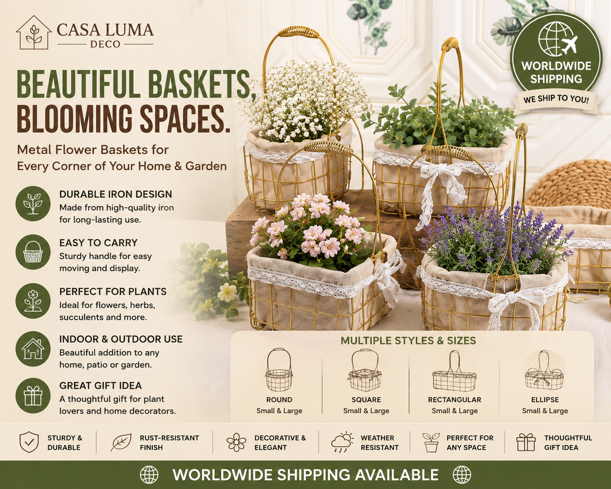 Metal Flower Basket | Decorative Iron Planter Basket | Rustic Plant Holder | Indoor & Outdoor Garden Basket