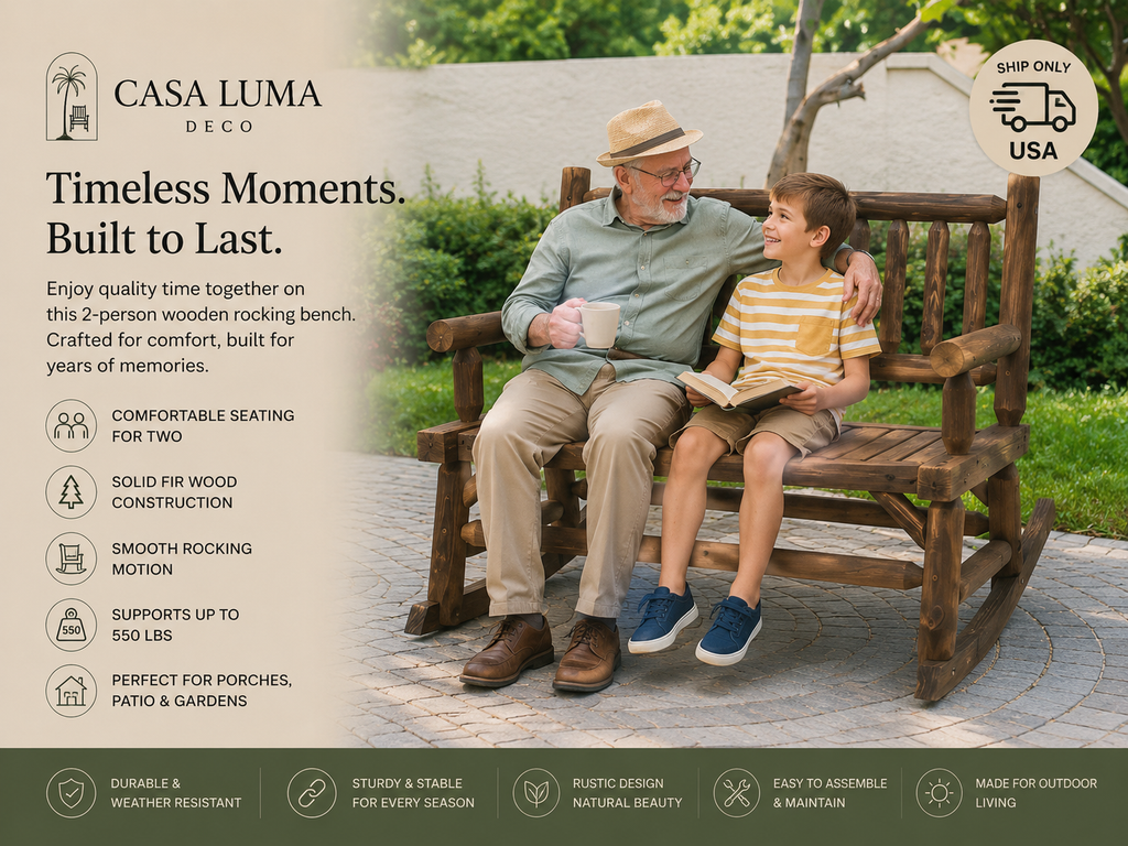 2 Person Outdoor Wooden Rocking Bench | Heavy Duty Porch Glider Chair 550 lbs | Casa Luma Deco