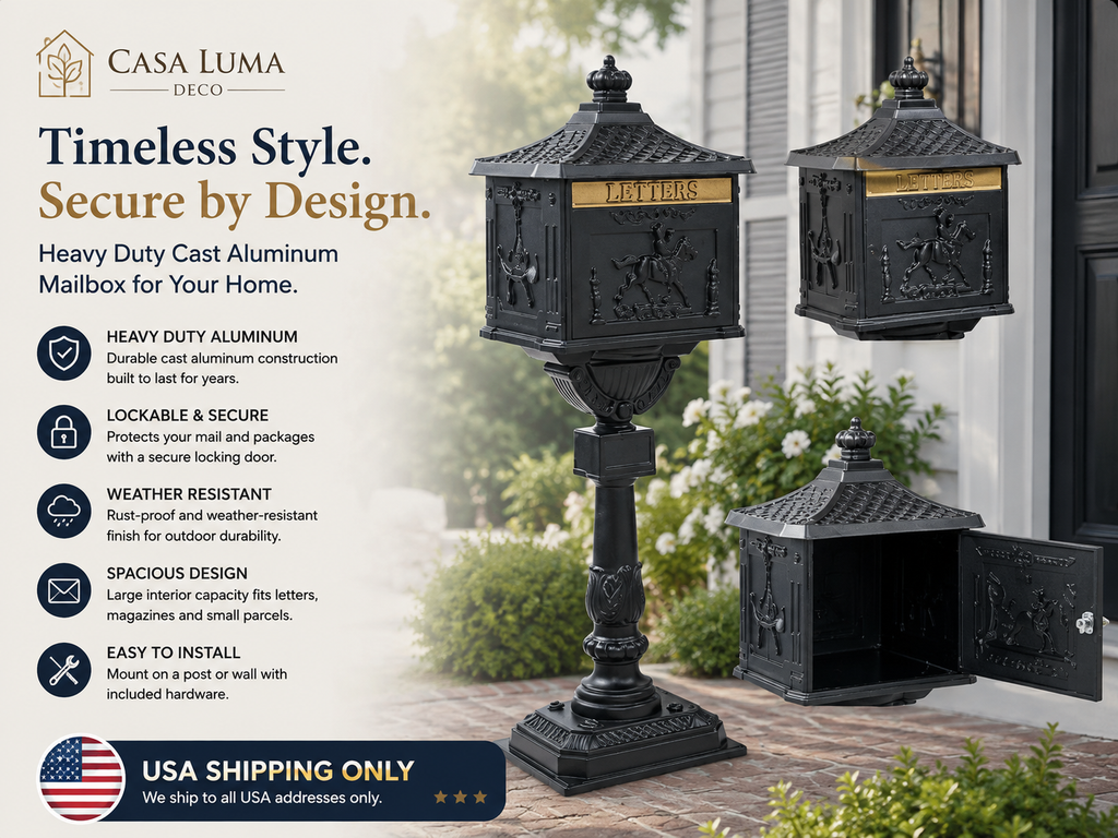 Heavy Duty Cast Aluminum Mailbox | Lockable Black Post Box for Outdoor Home | USA Shipping Only
