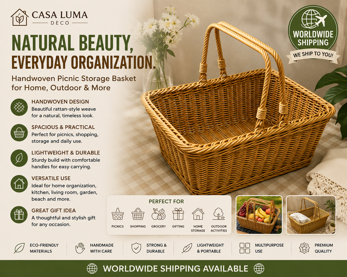Handwoven Picnic Storage Basket | Rustic Rattan Style Organizer | Decorative Woven Basket | Casa Luma Deco