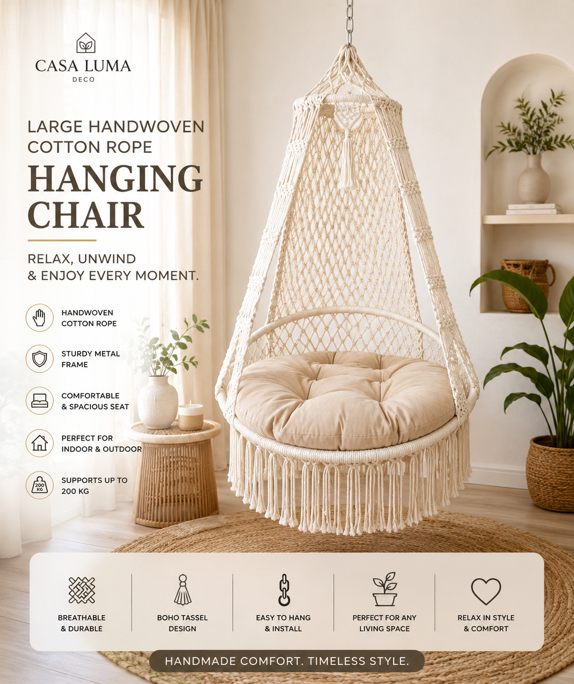 Large Handwoven Cotton Rope Hanging Chair | Boho Indoor & Outdoor Hammock Swing