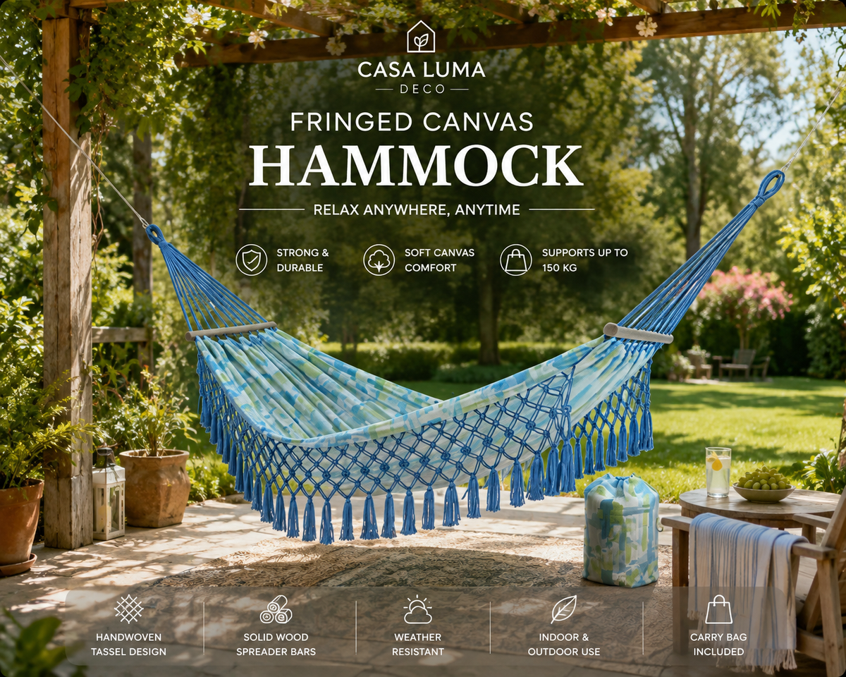 Bohemian Fringed Canvas Hammock | Heavy Duty Cotton Rope Hammock for Patio, Garden & Camping