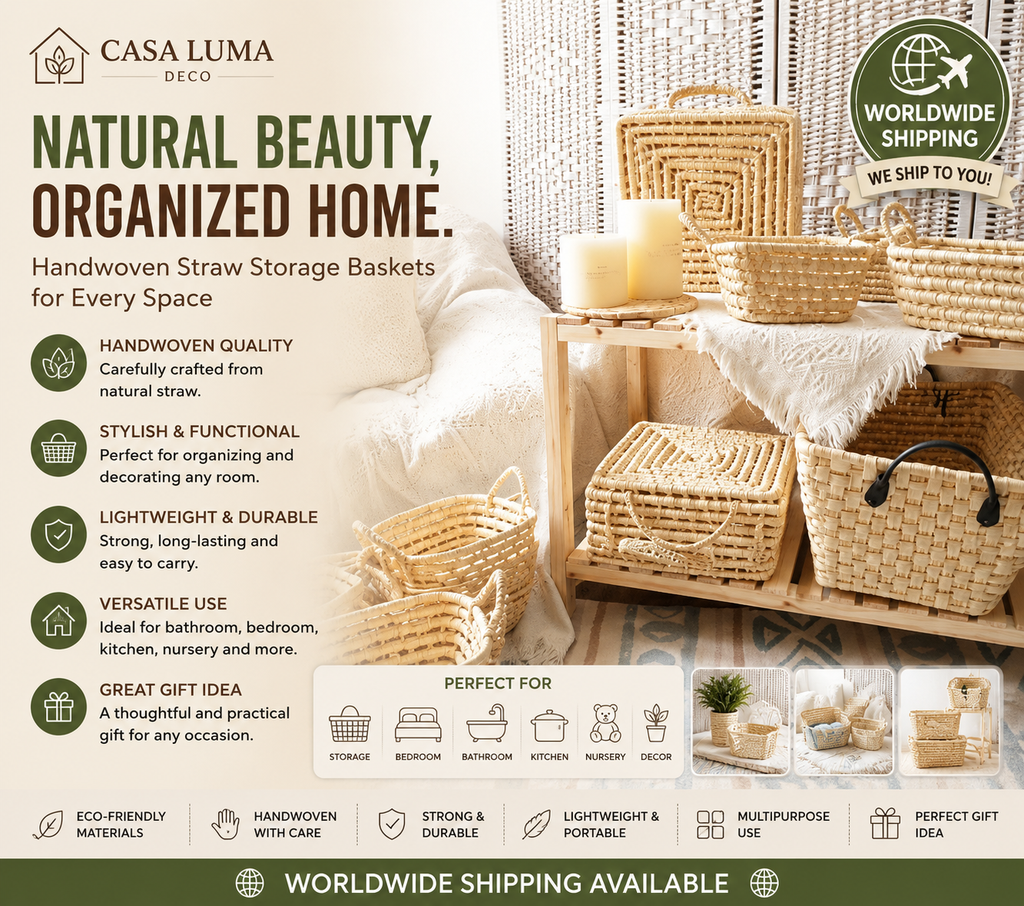 Handwoven Straw Storage Basket | Decorative Woven Organizer for Home Decor & Storage