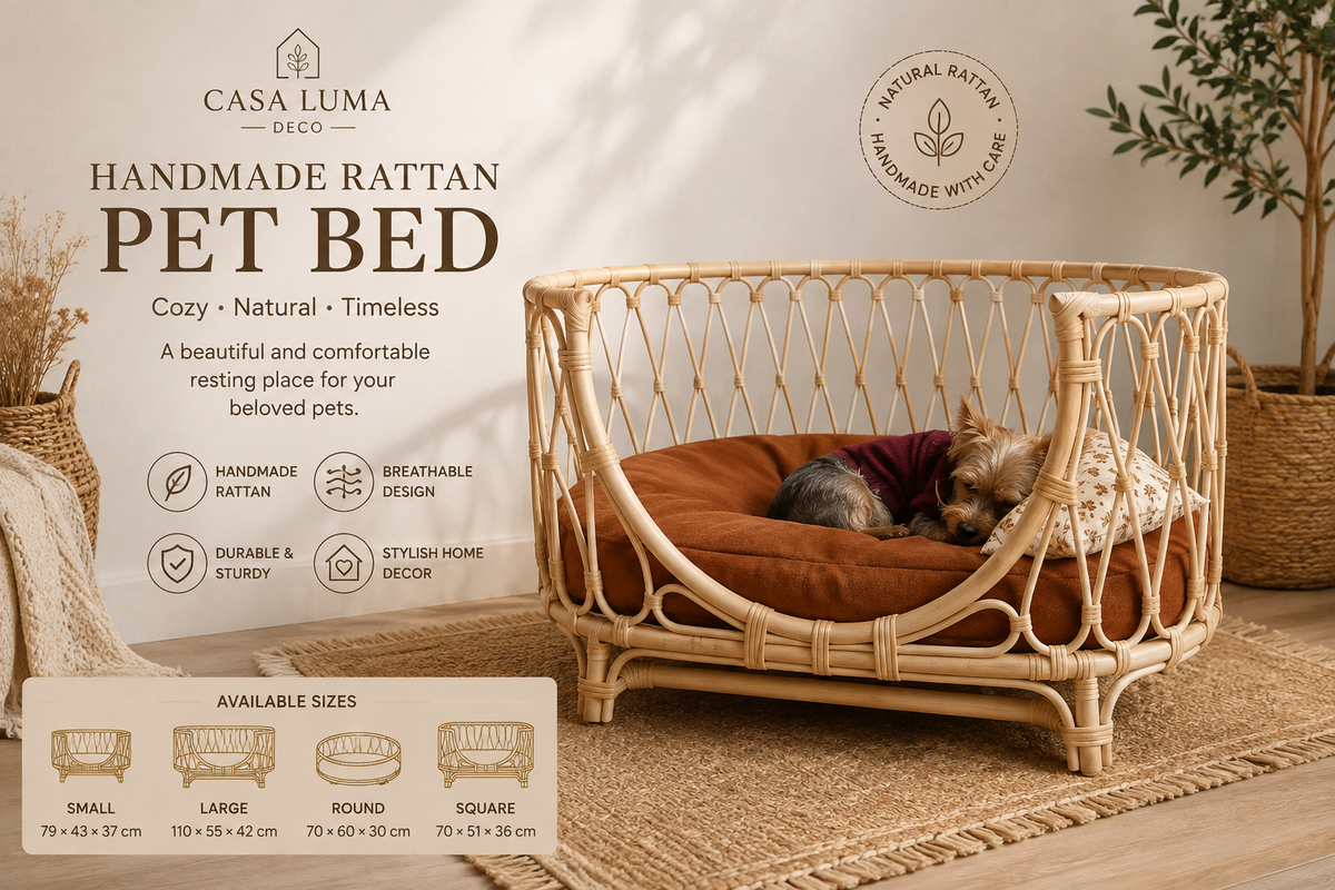 Handmade Rattan Pet Bed | Boho Woven Cat & Dog Bed with Soft Cushion