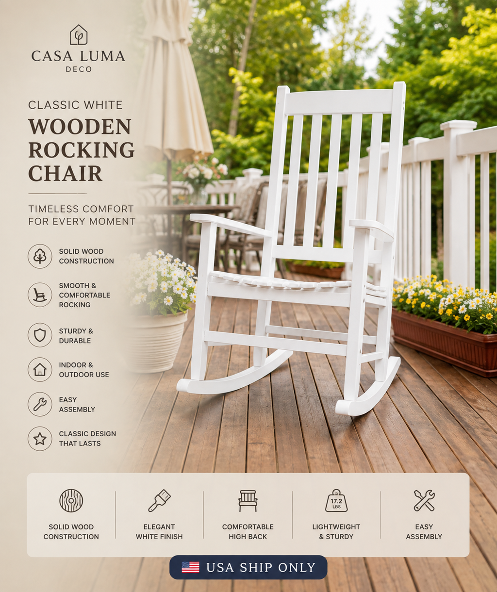 Classic White Wooden Rocking Chair for Porch, Patio & Indoor Living Spaces