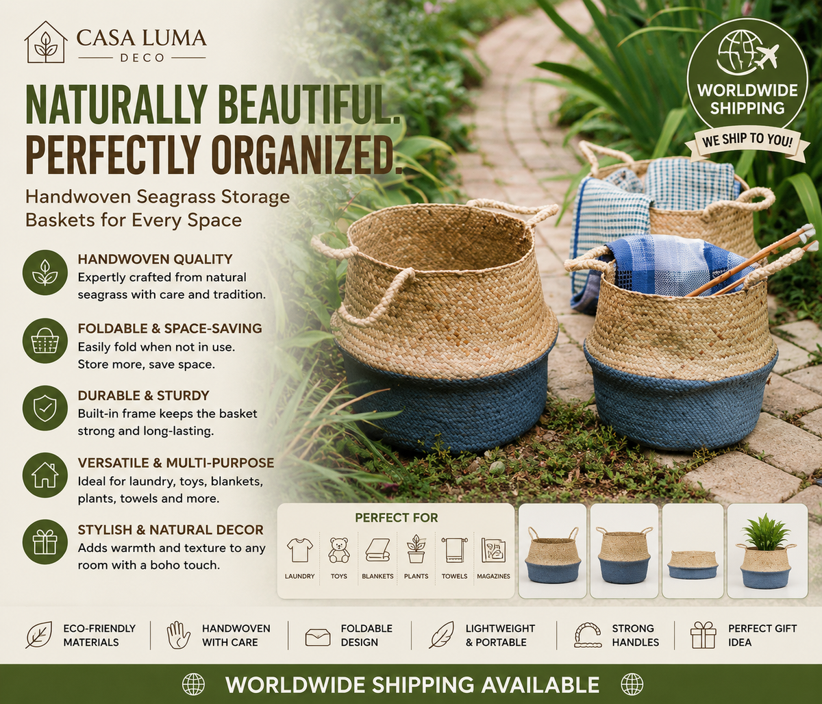Handwoven Foldable Seagrass Storage Basket with Handles | Natural Wicker Organizer for Home Decor