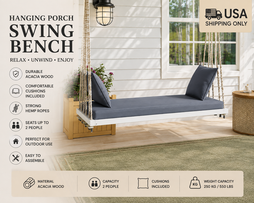 Acacia Wood Porch Swing Chair with Cushions | 2-Person Outdoor Hanging Bench