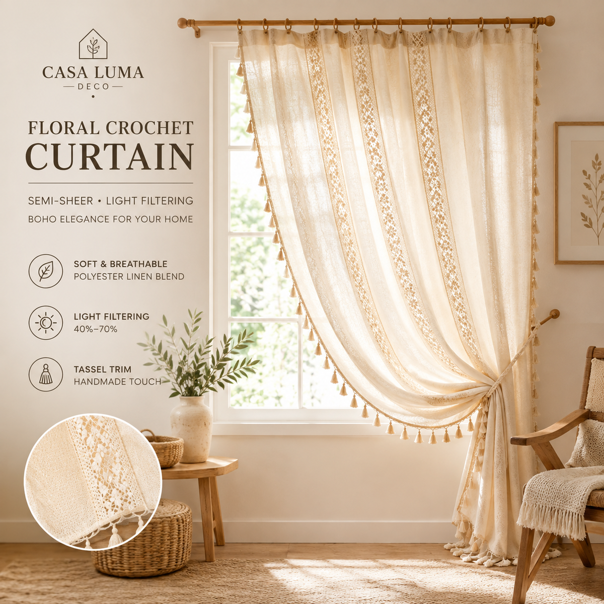 Handmade Floral Semi-Sheer Curtain | Boho Linen Blend Window Panel with Tassels