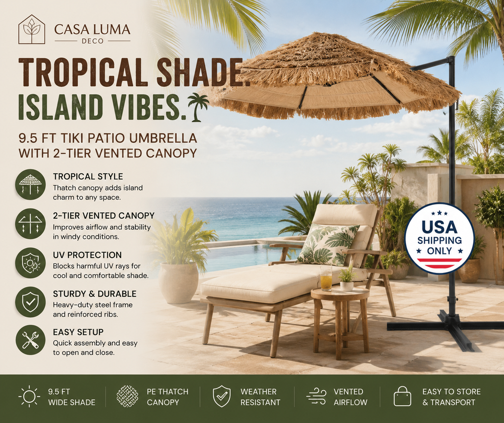 9.5 FT Tropical Tiki Patio Umbrella with 2-Tier Vented Canopy, UV Sun Protection, Outdoor Garden & Pool Umbrella | USA Shipping Only