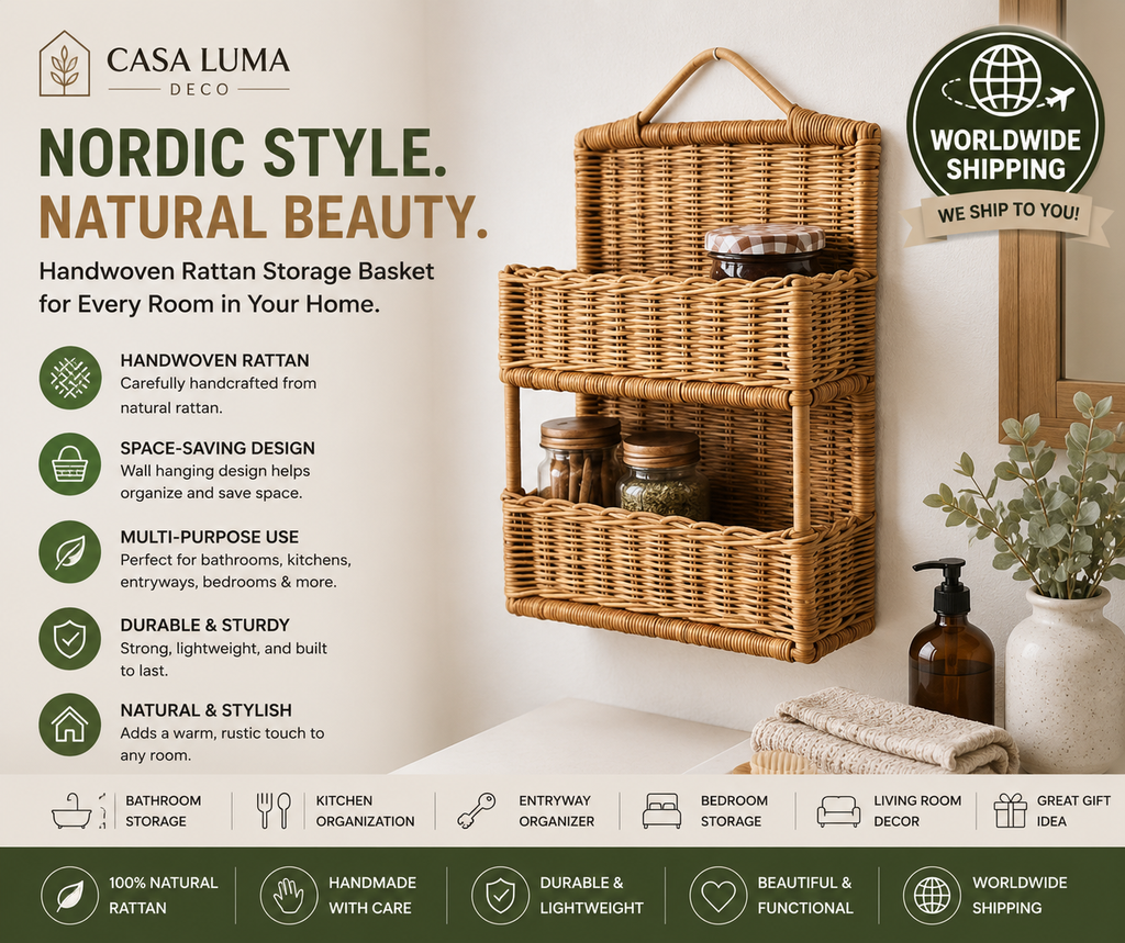 Handwoven Rattan Storage Basket, Nordic Wall Hanging Basket, Woven Organizer for Bathroom, Kitchen & Entryway