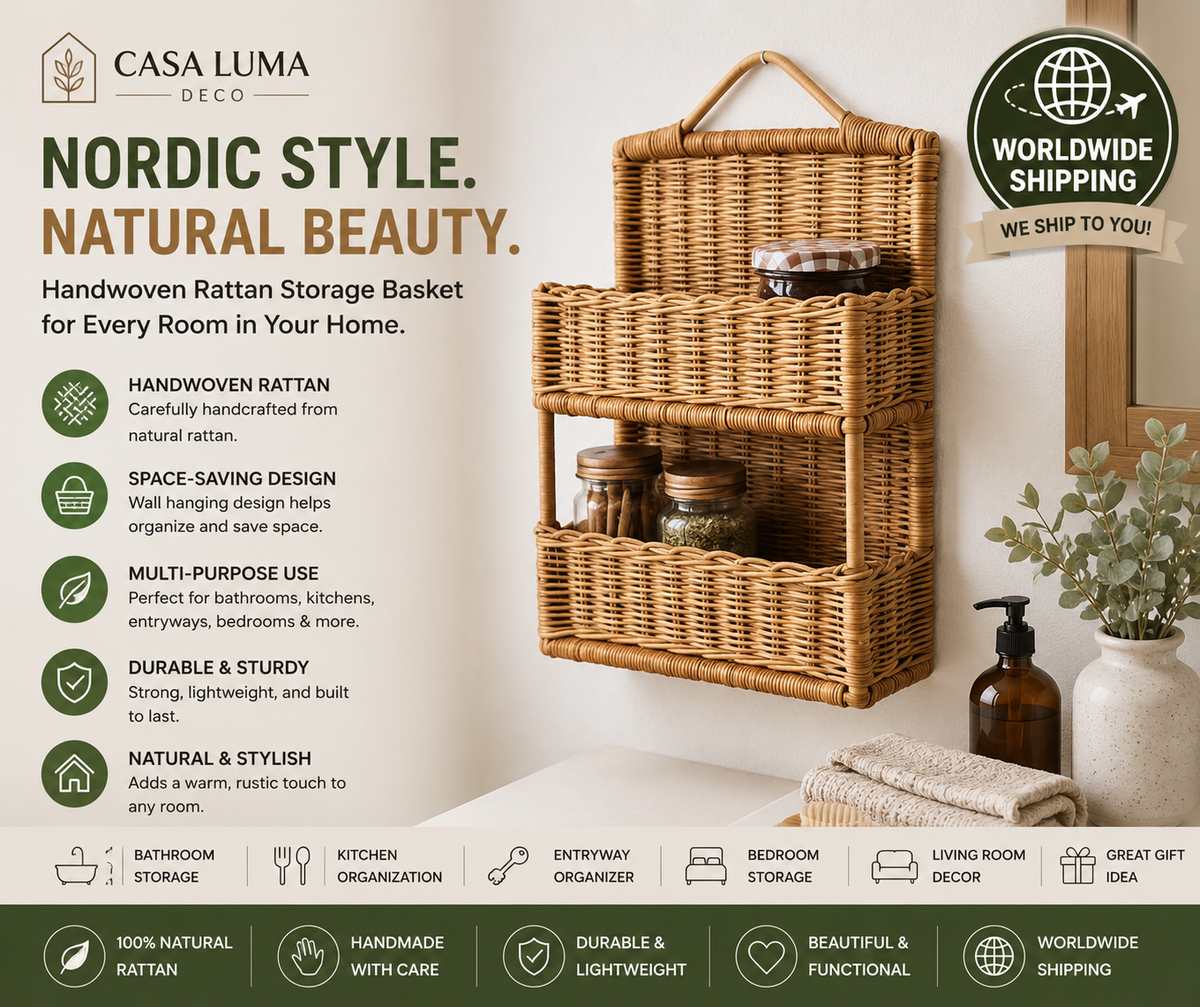 Handwoven Rattan Storage Basket, Nordic Wall Hanging Basket, Woven Organizer for Bathroom, Kitchen & Entryway