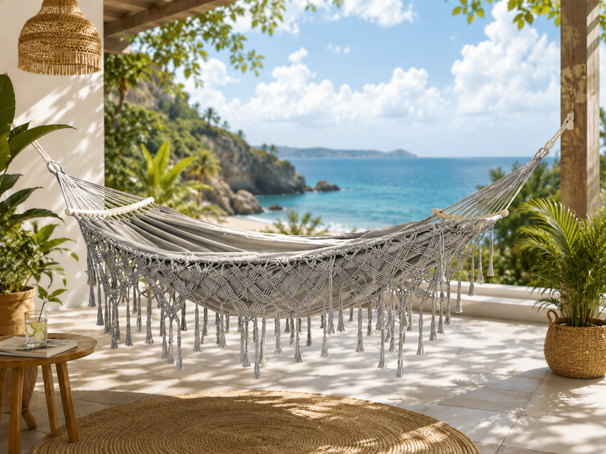 Double Canvas Beach Hammock with Curved Wooden Spreader Bars for Patio, Garden & Outdoor Relaxation