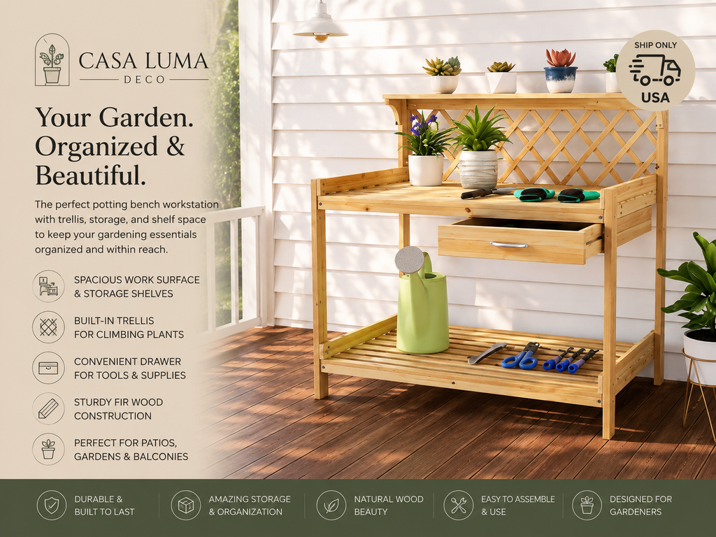 Garden Potting Bench Table Wooden Planting Workstation For Wood With Lattice Trellis For Balcony, Front Porch Or Garden