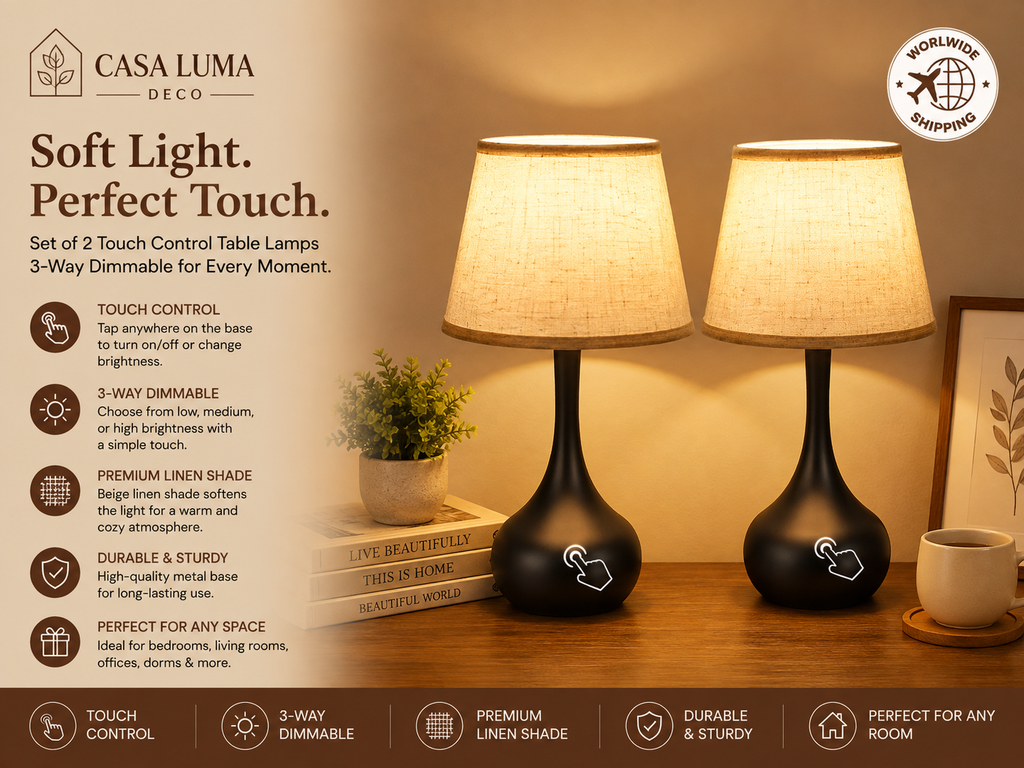 Set of 2 Touch Control Bedside Table Lamps, 3-Way Dimmable Nightstand Lamps with Linen Shade for Bedroom, Living Room & Office