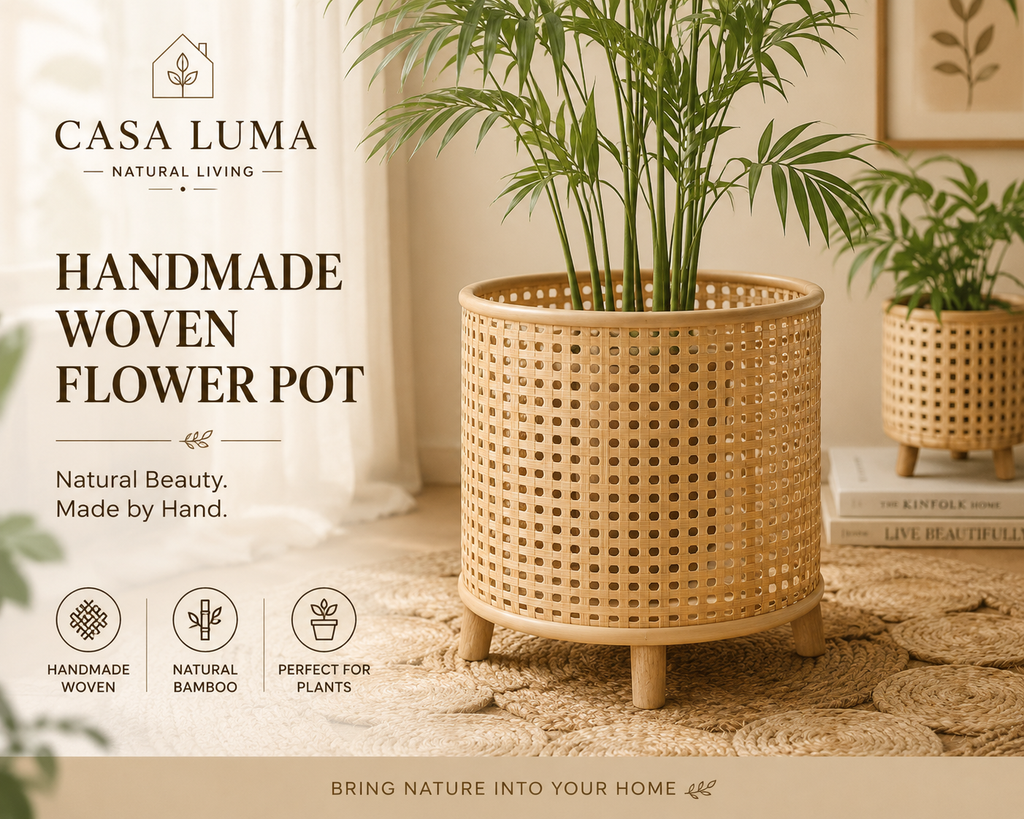 Casa Luma Handmade Woven Bamboo Plant Stand | Natural Rattan Indoor Planter Basket