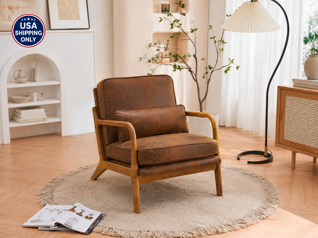 Mid-Century Modern Upholstered Accent Armchair | Solid Oak Lounge Chair for Living Room & Bedroom