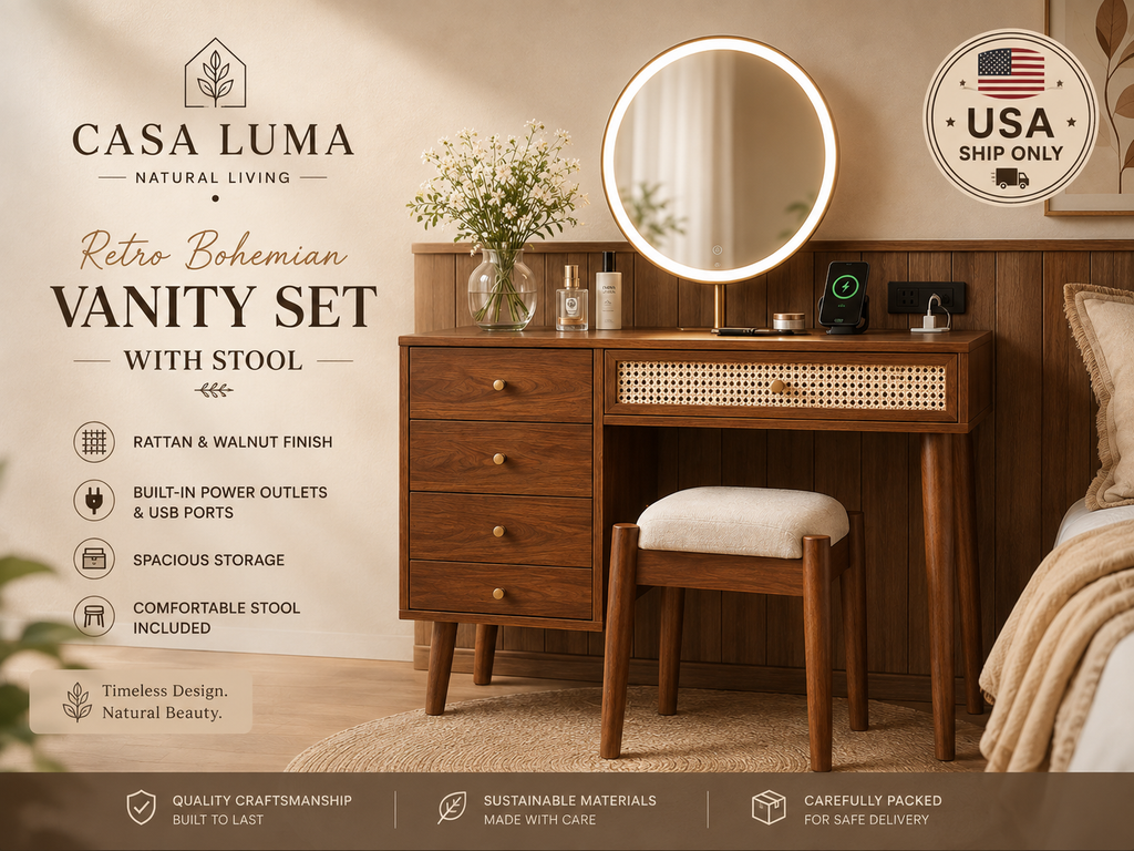 Casa Luma Retro Walnut Makeup Vanity Desk with Rattan Drawers & Stool