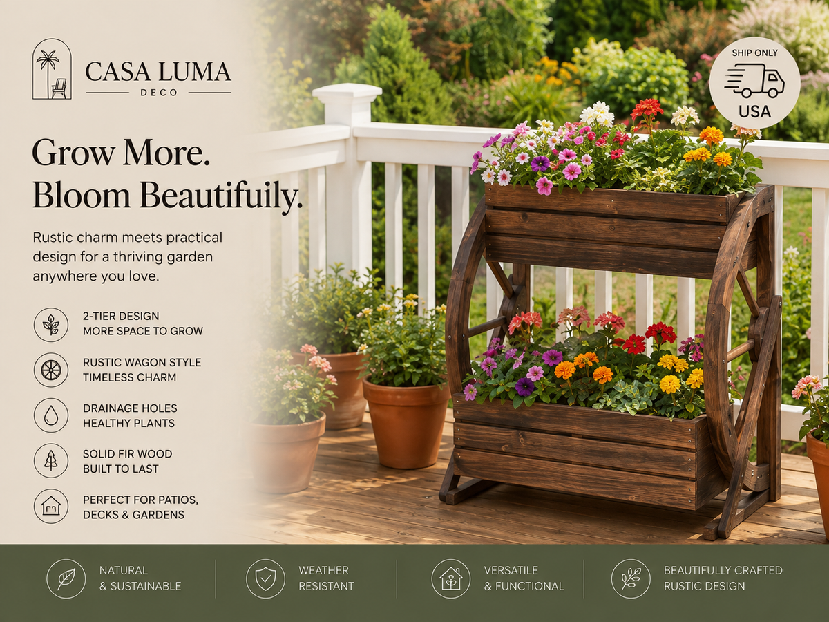 2 Tier Raised Garden Bed Planter Box | Rustic Wooden Wagon Planter for Patio, Porch & Garden