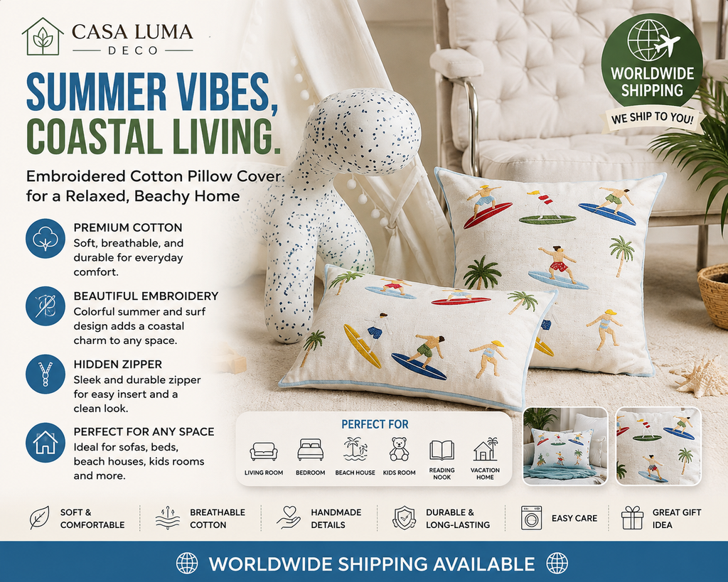 Summer Ocean Surf Embroidered Cotton Pillow Cover | Coastal Beach Throw Pillow Cover | Decorative Cushion Cover