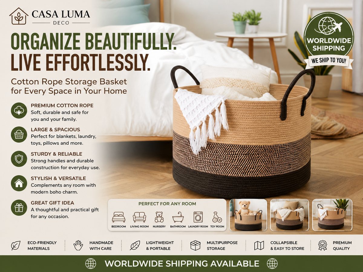 Large Cotton Rope Storage Basket | Woven Laundry & Toy Basket | Boho Home Organizer | Casa Luma Deco