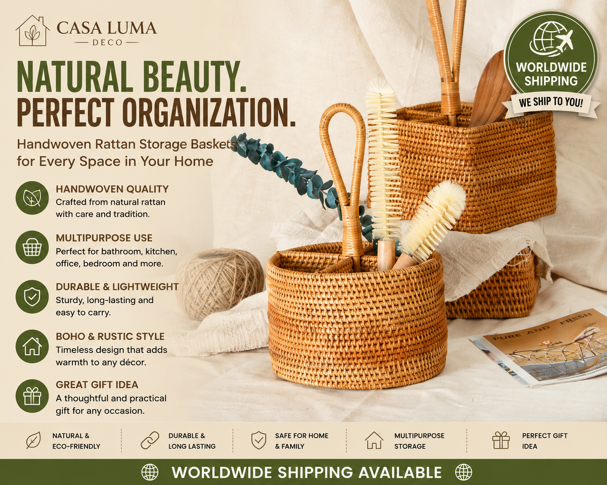 Handwoven Rattan Storage Basket | Wicker Organizer Basket | Decorative Desktop Storage | Boho Home Organizer | Rustic Woven Basket