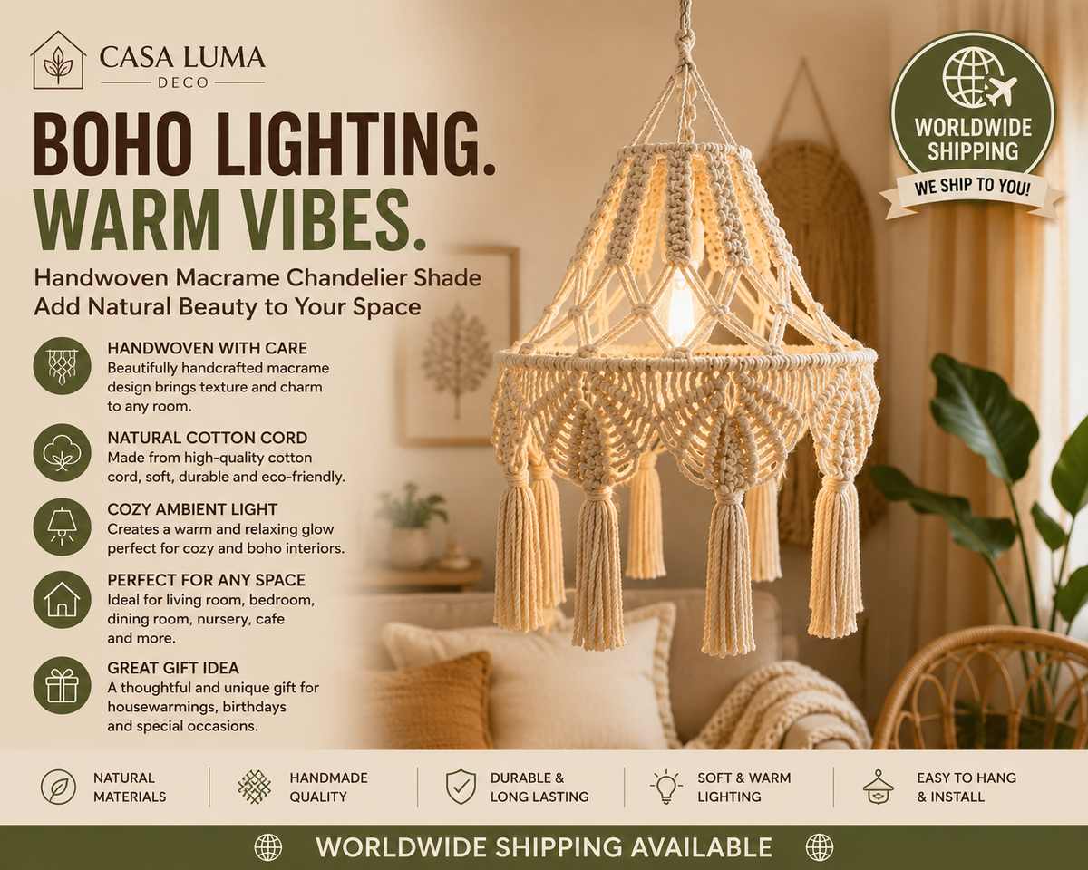 Boho Macrame Chandelier Shade | Handwoven Cotton Hanging Lamp Cover | Bohemian Ceiling Light Decor