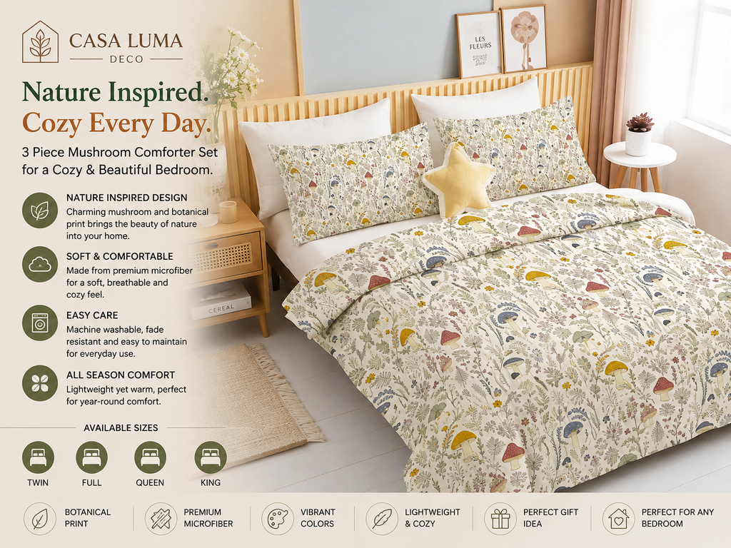 Mushroom Comforter Set, 3 Piece Botanical Bedding Set with Pillow Shams, Cottagecore Bedroom Decor