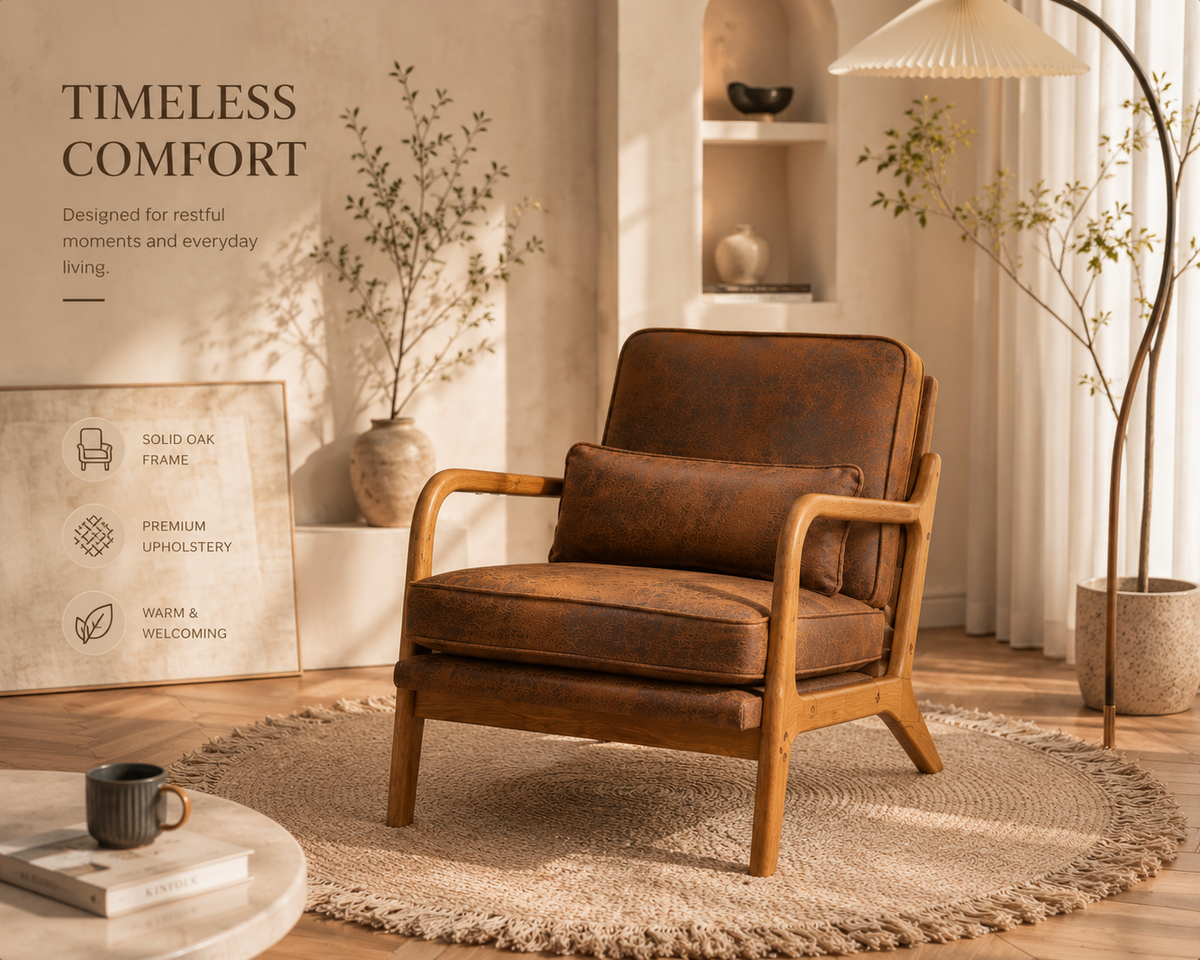 Mid-Century Modern Upholstered Accent Armchair | Solid Oak Lounge Chair for Living Room & Bedroom