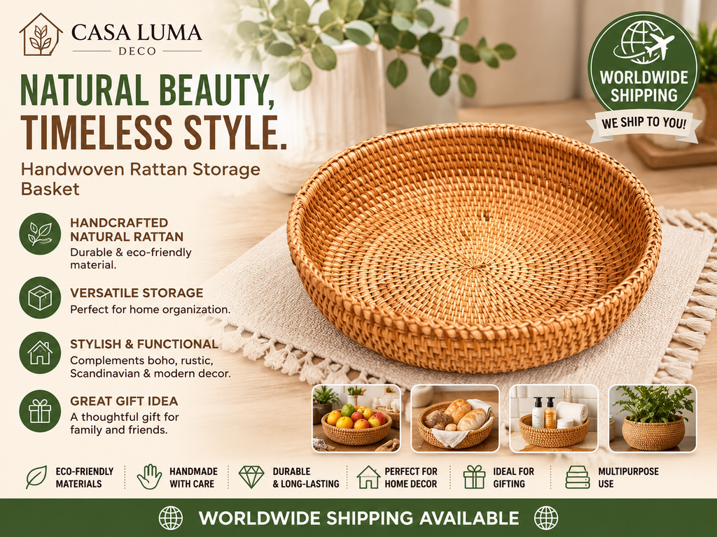 Handwoven Rattan Storage Tray | Decorative Round Basket for Kitchen & Home