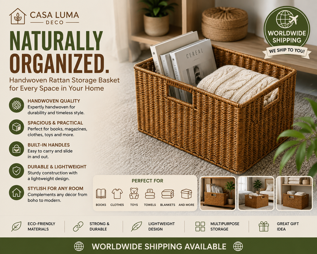 Handwoven Rattan Storage Basket | Decorative Wicker Organizer Bin for Home Storage
