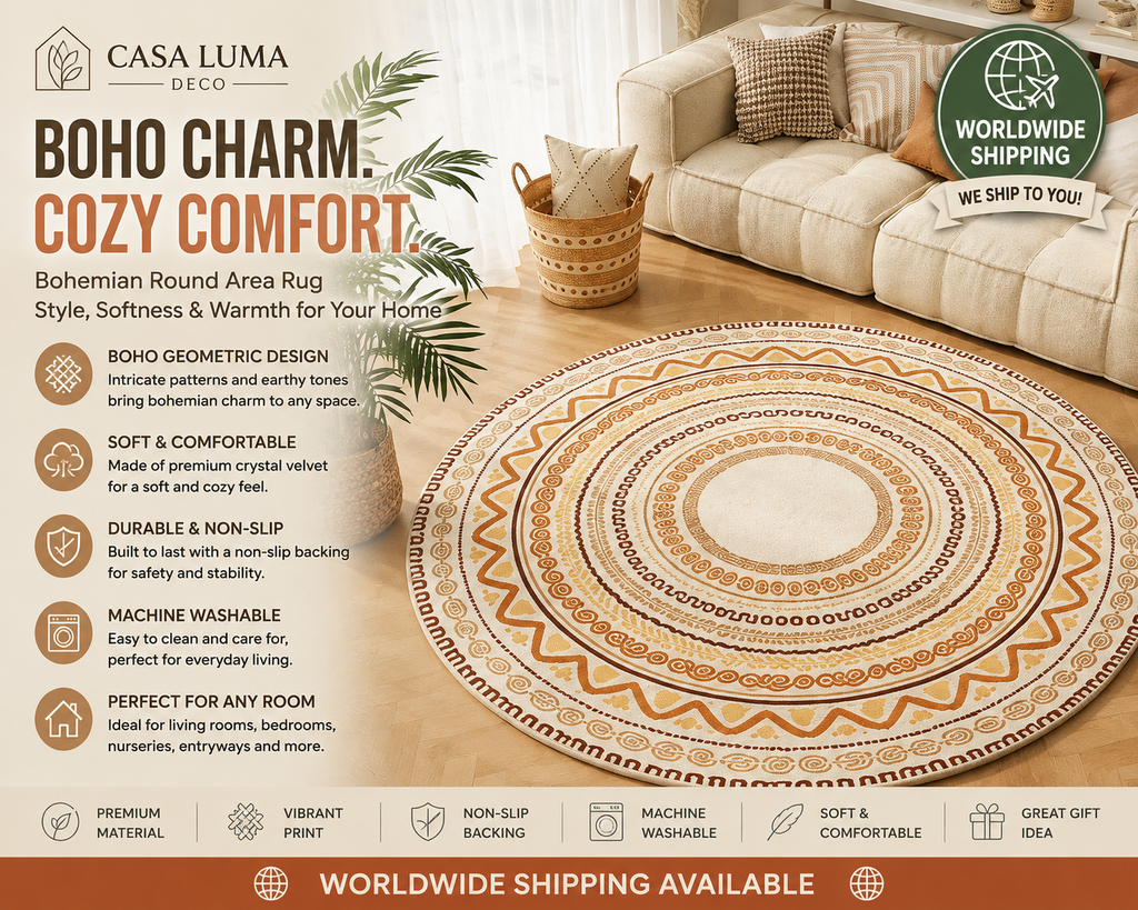 Boho Round Area Rug | Washable Geometric Accent Carpet for Living Room, Bedroom & Nursery