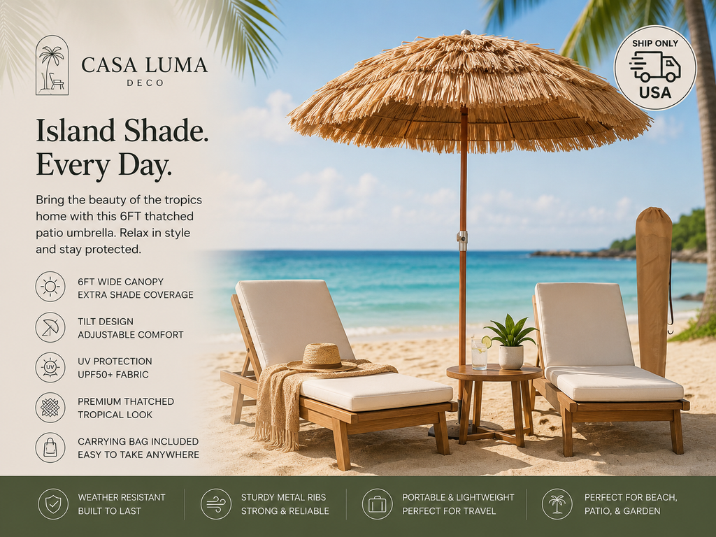 6FT Thatched Patio Umbrella | Hawaiian Tiki Beach Umbrella | Casa Luma Deco