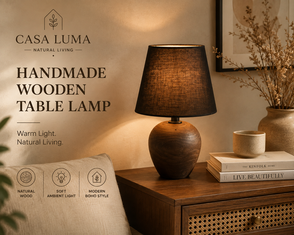 CasaLuma Handmade Wooden Table Lamp | Modern Bedside & Living Room Accent Light