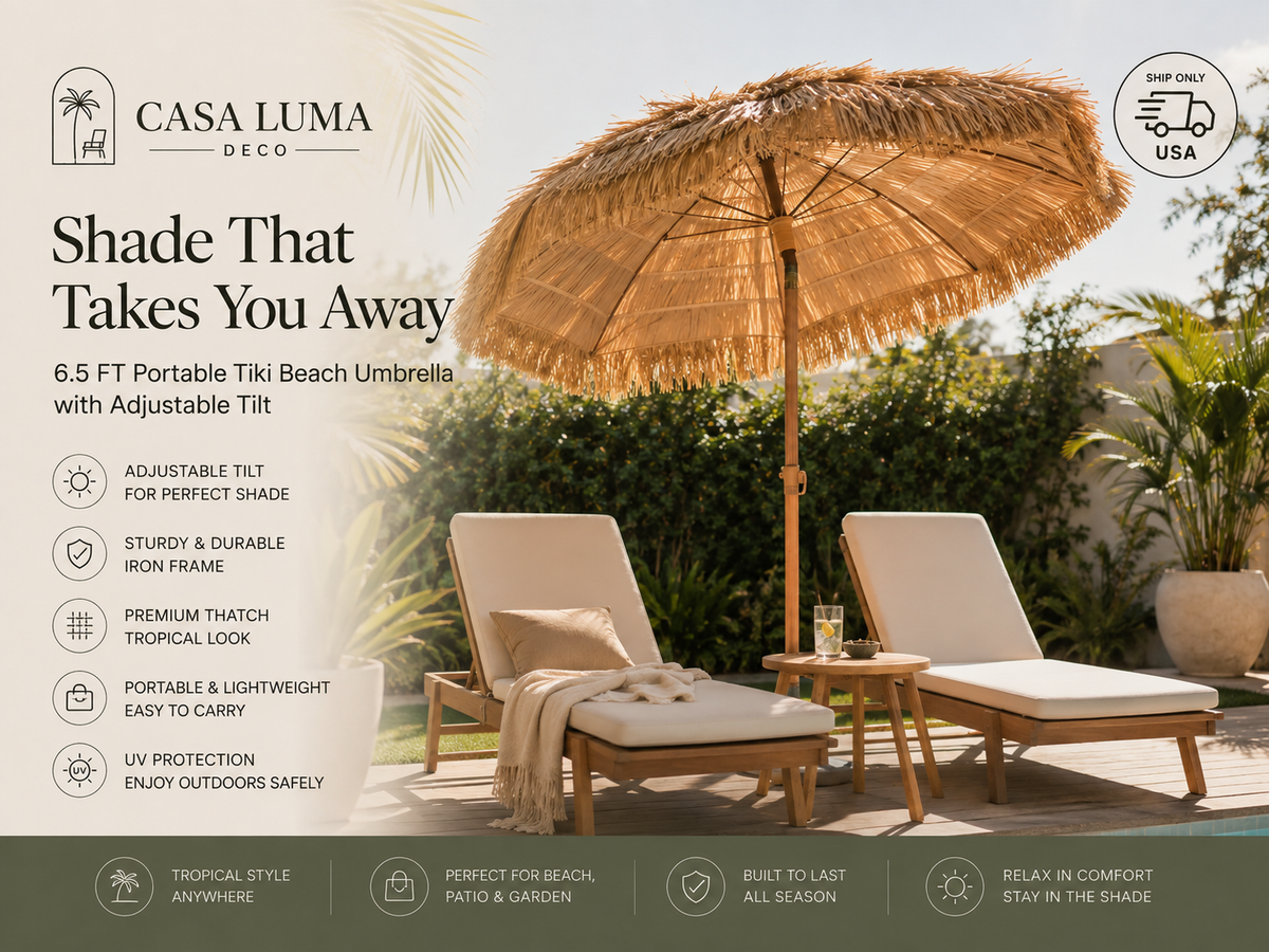 6.5 FT Portable Tiki Beach Umbrella with Adjustable Tilt | Outdoor Patio Sun Shade | Casa Luma Deco