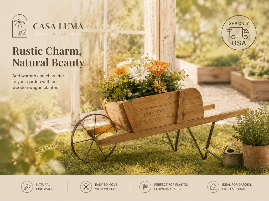 Rustic Wooden Wagon Planter Box | Decorative Garden Flower Cart | Outdoor Plant Stand