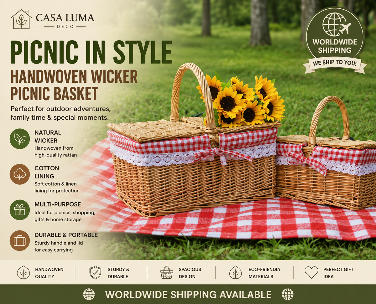 Handwoven Wicker Picnic Basket with Lid | Cotton Lining | Outdoor Picnic & Storage Basket