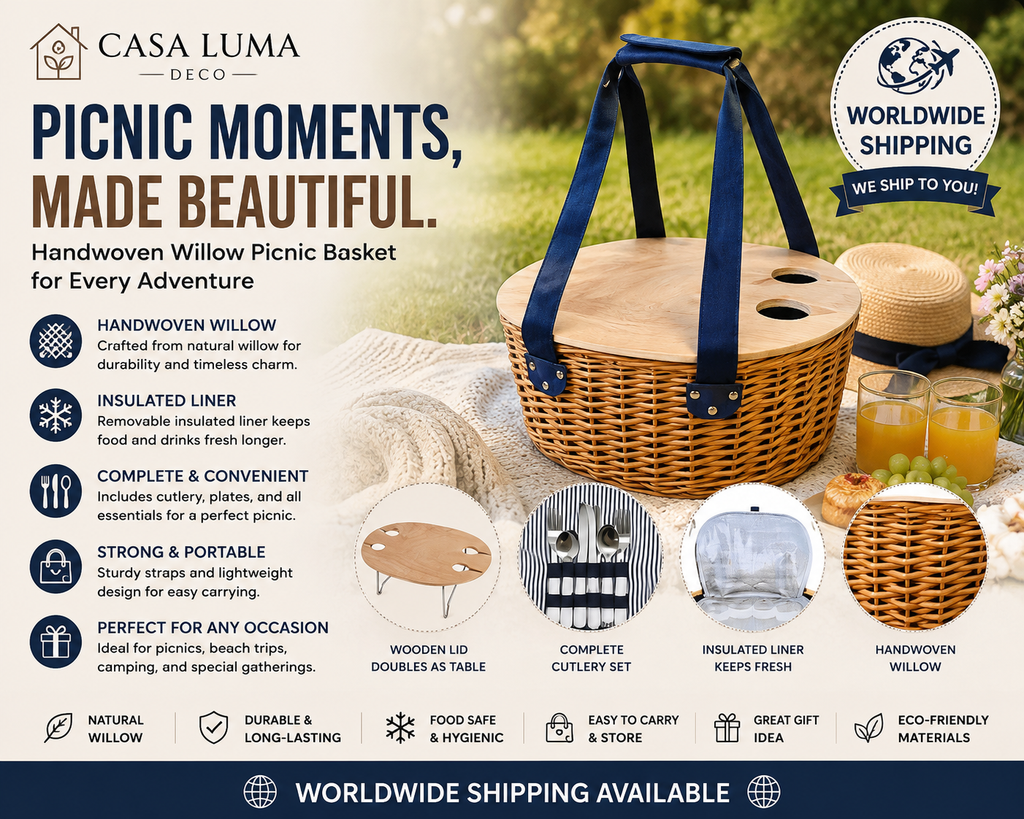Handwoven Willow Picnic Basket with Insulated Liner | Outdoor Picnic Basket | Casa Luma Deco