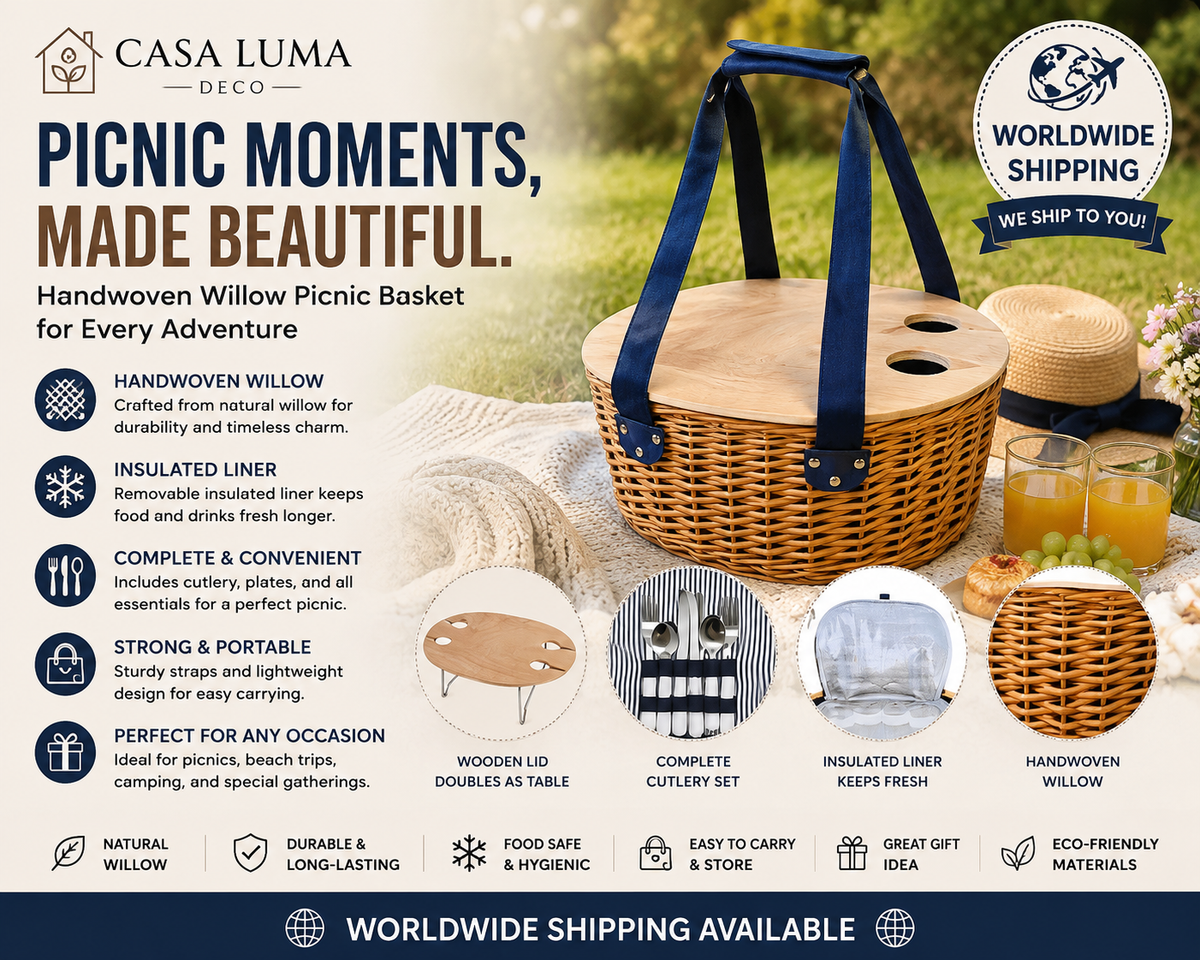 Handwoven Willow Picnic Basket with Insulated Liner | Outdoor Picnic Basket | Casa Luma Deco