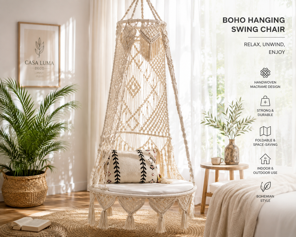 Bohemian Woven Folding Hammock Chair | Hanging Swing Chair for Balcony, Patio & Indoor Spaces