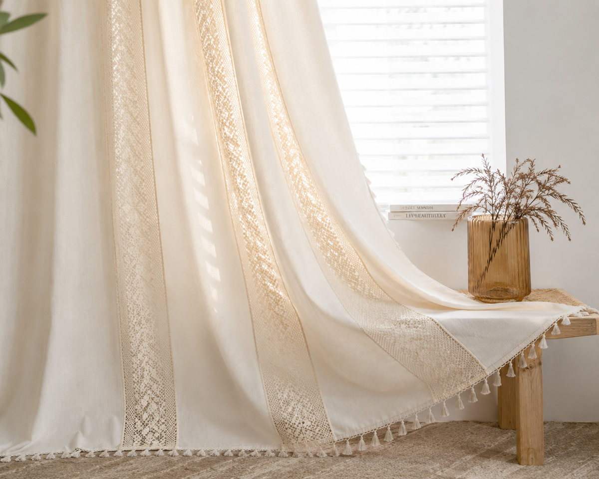 Handmade Floral Semi-Sheer Curtain | Boho Linen Blend Window Panel with Tassels