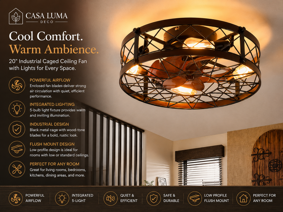 20” Industrial Caged Ceiling Fan with Lights, Flush Mount Farmhouse Ceiling Fan for Living Room & Bedroom