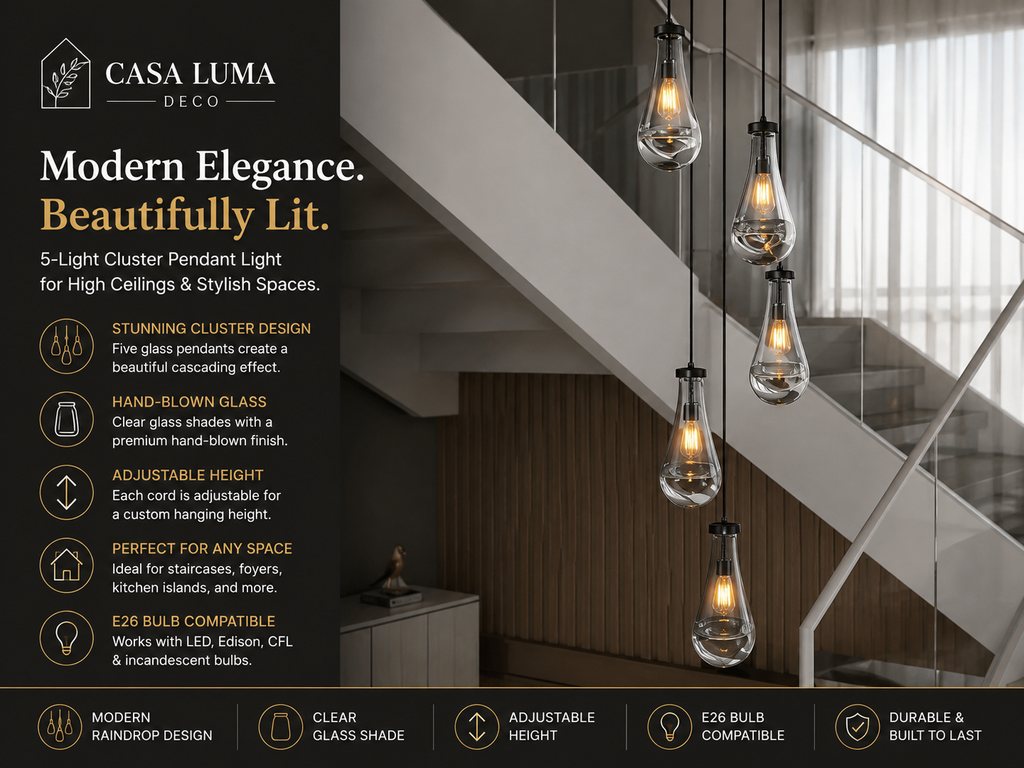 5-Light Cluster Pendant Light | Modern Glass Chandelier for High Ceilings, Staircase, Foyer & Kitchen Island