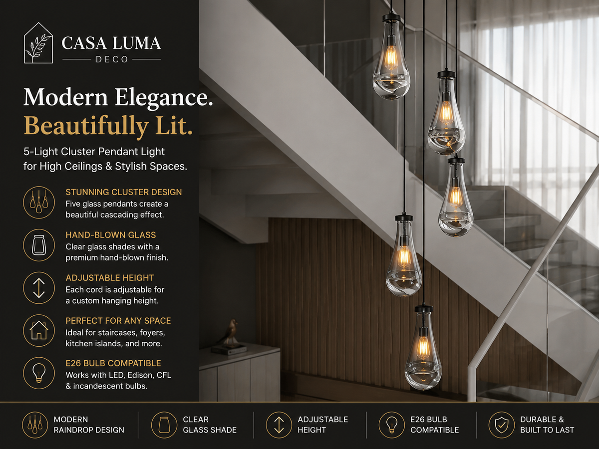5-Light Cluster Pendant Light | Modern Glass Chandelier for High Ceilings, Staircase, Foyer & Kitchen Island