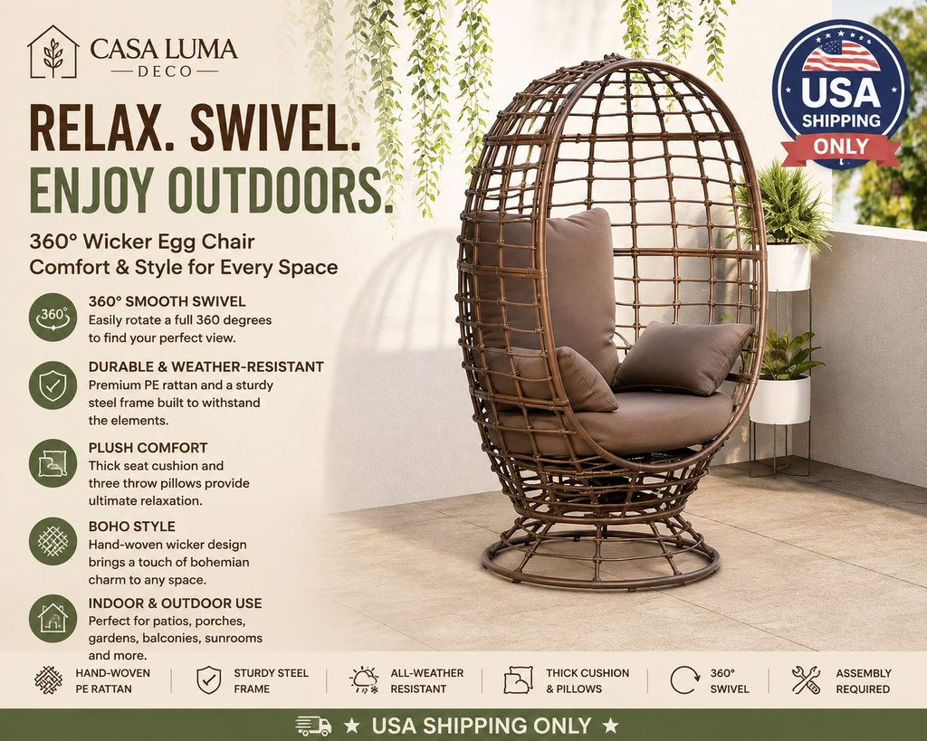 360° Wicker Egg Chair with Cushions | Outdoor Patio Swivel Lounge Chair | USA Shipping Only